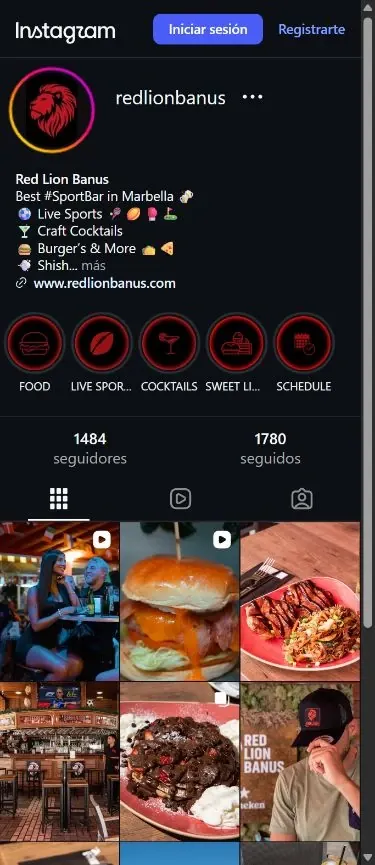 Captura real del perfil y publicaciones de Red Lion Banús